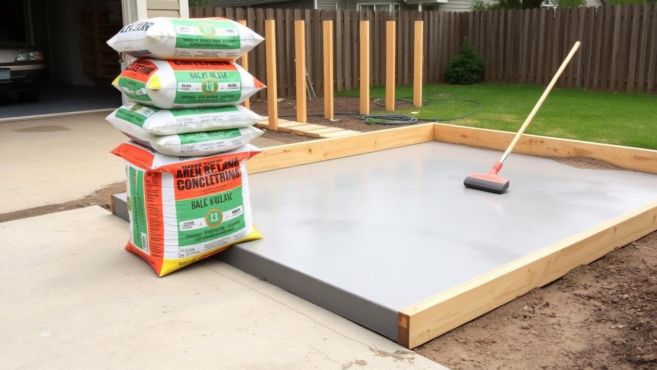 Stacked 80lb bags of concrete mix beside a finished backyard patio slab