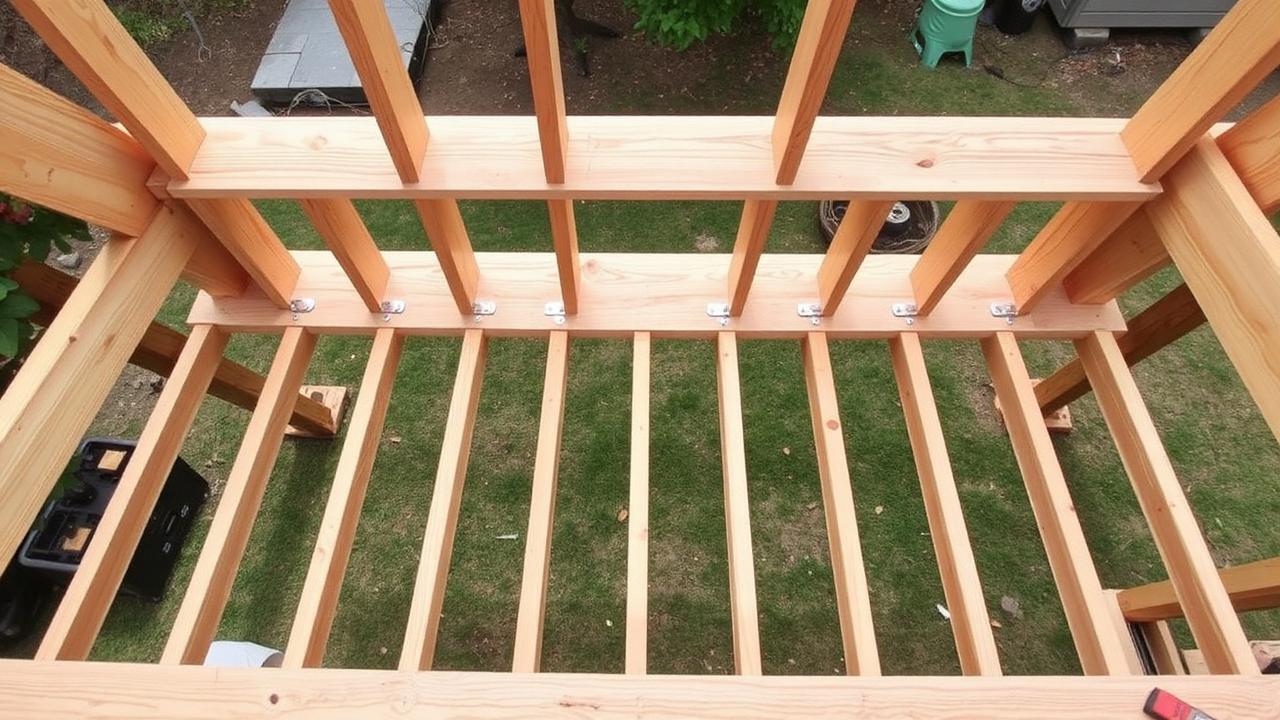 Overhead view of pressure-treated deck joists with galvanized hangers on a rim board