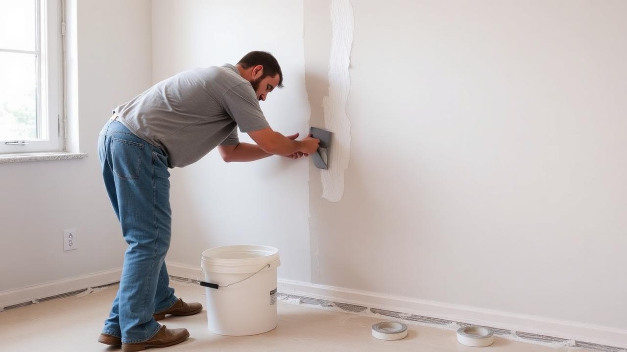 Drywall finisher spreading joint compound over taped seams with a wide knife