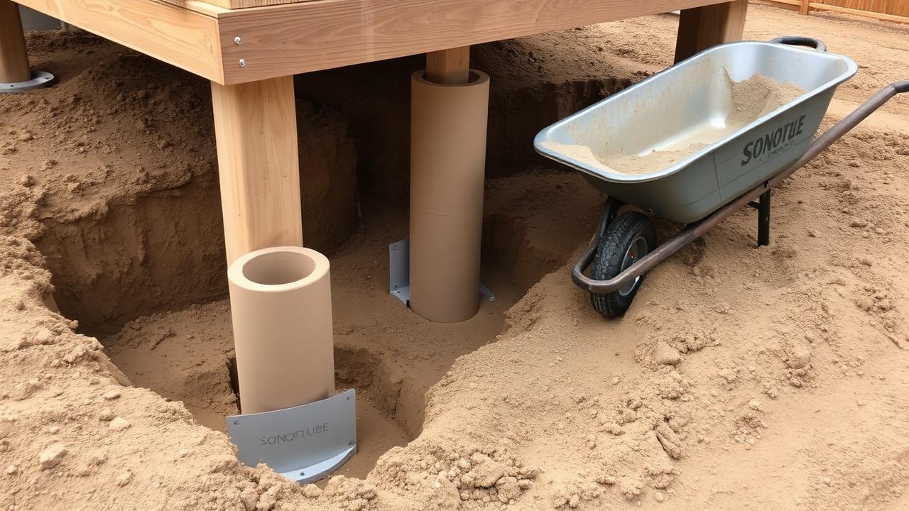Cardboard tube column forms set in dug footing holes with a wheelbarrow of concrete