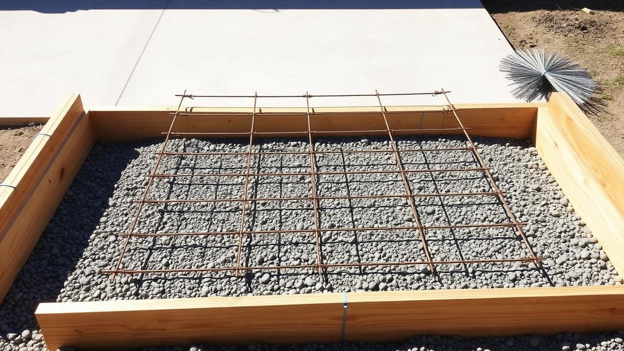 Tied rebar grid supported on chairs inside wooden forms for a concrete driveway
